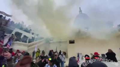 5 pm at the U.S. Capitol Building, with crowds of Trump supporters still controlling both the outside and inside as Police shoots teargas canisters at long range towards the crowds