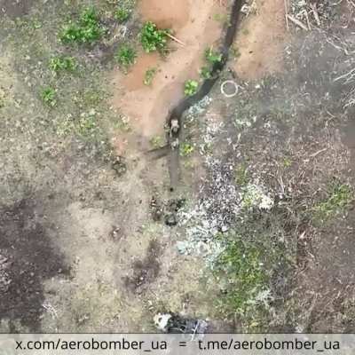 (UA) Aerial Recon Unit "Aerobomber" of the 30th Mechanized Brigade Drops Grenades on Russian soldiers, Wounding Several. (Published on July 28, 2024)