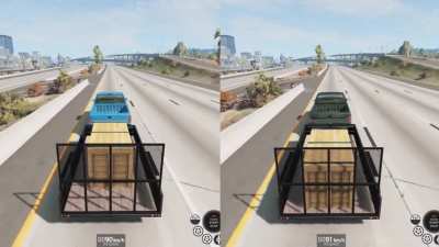 Lane change test (90km/h) between a properly and an improperly loaded trailer.
