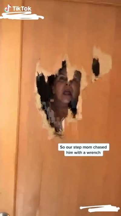 Step mom chases his brother with wrench for not doing the dishes.