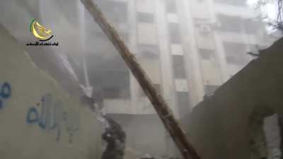 Syrian Opposition assault SAA occupied buildings during the infamous bloody ladder assault in Daraya - 2014