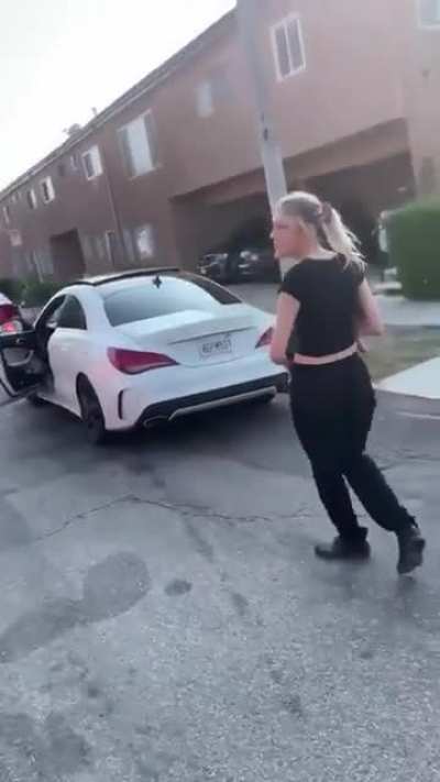 Deranged woman harasses man and throws puppy at him