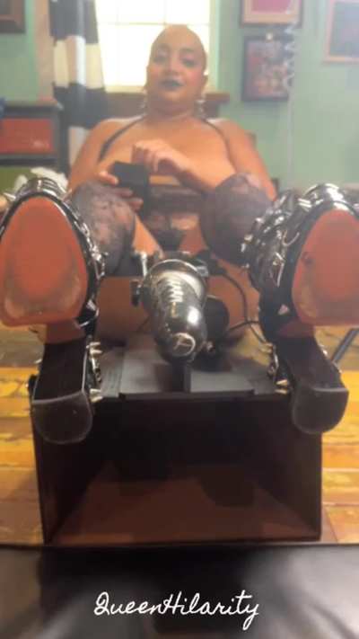 Queen Hilarity is laughing at you while she operates a fuck machine! Are you her next victim?