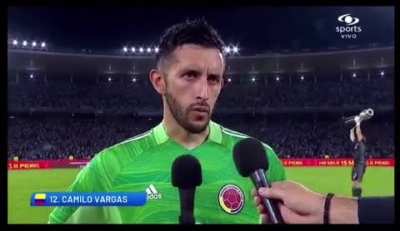Emiliano Martinez&rsquo;s post-match celebration as Colombian goalkeeper Camilo Vargas is being interviewed