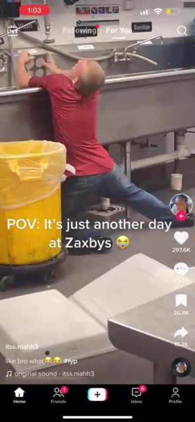 Zaxbys employee took his scheduled smoke break and came back to wash dishes.