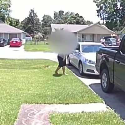 Woman gets scared of the dog, pulls the trigger with bad aim hits the road instead and hits the kid.