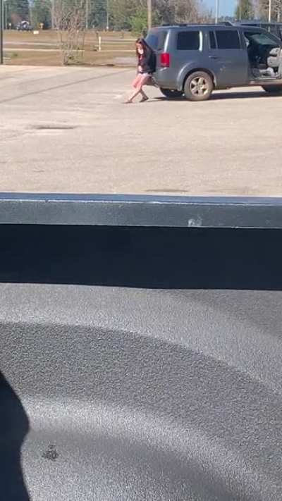 Walked out to my truck to grab a pen and saw this. Thought she was gonna face plant for a second.
