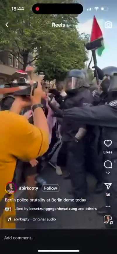 Footage of German police punching kippa-wearing Jewish activist in the face during a pro-Palestinian protest. Yesterday&rsquo;s protest ended with 6 activists in hospital, one helicoptered in with a suspected broken back.