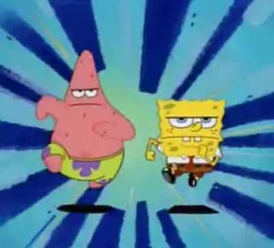 Spongebob and Patrick running with serious face while fitting music plays