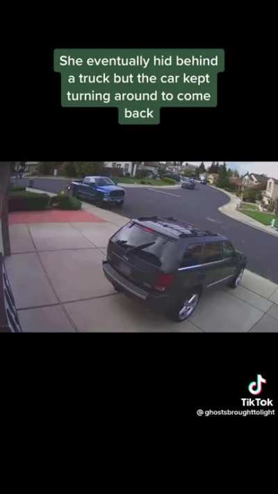 Camera footage of a car stalking a child. The audio they chose is weird/distracting and unsettling so mute if you want