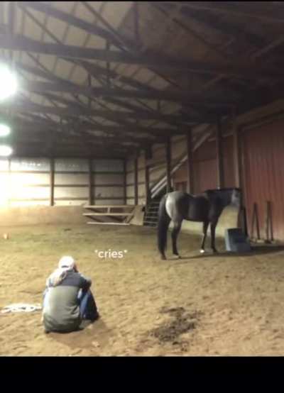 Girl acts sad to see how her horse reacts