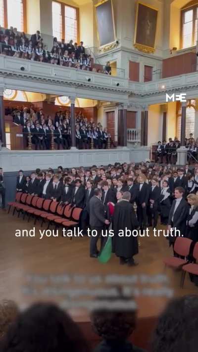 A member of student organisation Oxford Action for Palestine criticised Oxford University&rsquo;s Vice Chancellor Irene Tracey at her speech in the Sheldonian Theatre on Sunday for not "using the language of genocide" to refer to Israel's actions in the Middle 