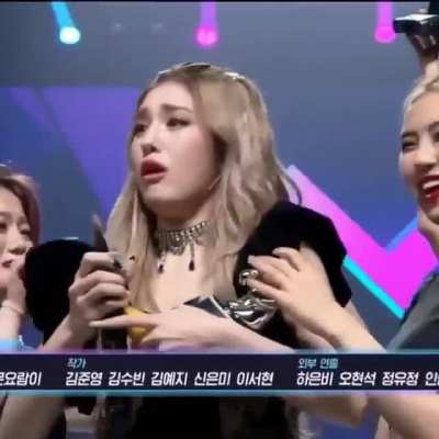 A kpop singer that has broken her first award on stage.