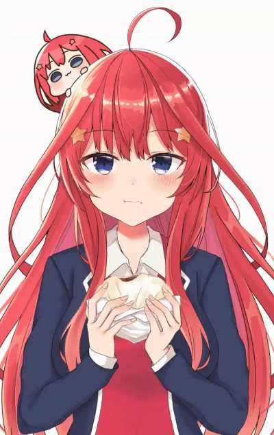 Itsuki on top of Eatsuki eating a meat bun.