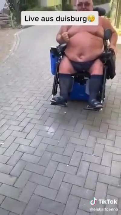 Angry German man in wheelchair causes chaos.