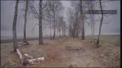 Ukrainian FPV kamikaze drone looks for survivors after a Russian attack before hitting two soldiers. West of Nikolskii, Kursk Oblast. January 2025
