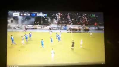 Fireworks exploding and hitting players during soccer match in Ireland
