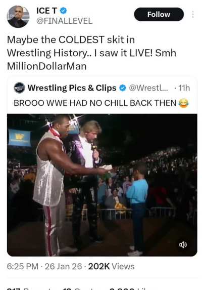 ICE-T on the Million Dollar Man Ted DiBiase" Maybe the COLDEST skit in Wrestling History.. I saw it LIVE! Smh MillionDollarMan"