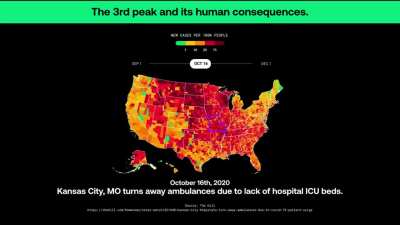 [OC] As the pandemic stretches into its 9th month, people&rsquo;s attitudes toward COVID have relaxed. We animated real-time, COVID data to visualize the latest COVID&rsquo;s surge spread through the U.S. from September 2020.