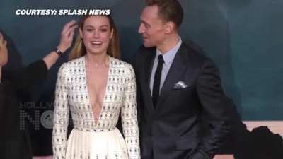 Tom Hiddlestone gets caught checking out Brie Larson&lsquo;s cleavage