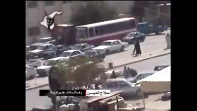 A montage of RKG-3 hits: Posing as civilians, IAI fighters carrying RKG-3 anti-tank grenades w/ impact fuses hurl them at extremely close range toward passing US vehicles in urban areas across Iraq (2005-2009)