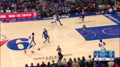 [Highlight] Joel Embiid takes the ball down the floor on the fast break, executes a behind the back dribble, and finishes things off with an amazing and-one!