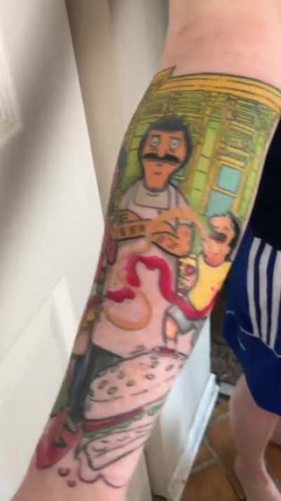 For those of you who wanted to be updated on my Bob&rsquo;s Burgers half sleeve: I am 3 sessions in and I have 1 left!