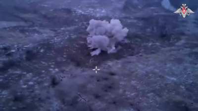 Footage claimed to show Russian artillery hitting a Ukrainian ammo depot belonging to the 10th Mountain Assault Brigade "Edelweiss" and subsequent detonations, posted 08.02.2024