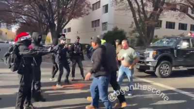 Fights breaking out between Black-clad bloc (note: they have publicly announced their group name at today's protest but it is censored for titles) and Trump supporters in Sacramento, CA. Multiple people pepper-sprayed.