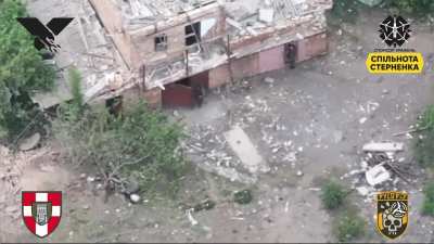 UA "Aviators" of "Staleva Sotka" flatten a Russian ammunition store via FPV drone. 9 KIA. Music from source.