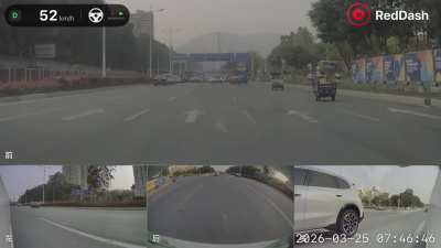Distracted by a tricycle, almost merged into a speeding car in my blind spot. Tesla pulled me back!