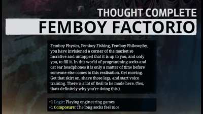 I read the "Femboy Factorio" meme in my best (and honestly not very good) attempt at *The Voice*