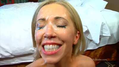 Milf is smiling throughout Bukkake-"It feels very thick"