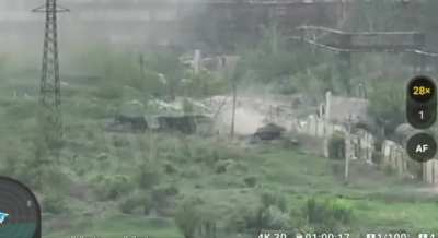 Video of an armoured assault on the center of Krasnohorivka, with the turtle-type tank at the helm of the assault. The tank gets stuck and is recovered in the end. The assault resulted in a Russian advance to the brick factory. April 2024