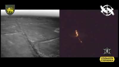 Night-time footage of Ukrainian FPV drone burning a Russian position with thermite.