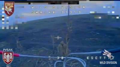 Russian Soldier tries to hit an FPV Drone with sticks but is struck by the airburst payload. Video by the Ukrainian Wild Division &amp;amp; Komar, 82nd Air Assault Brigade 