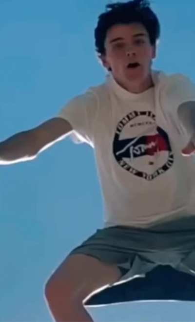 The fear oh his face.