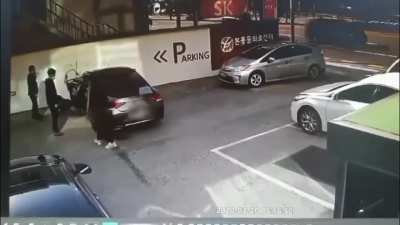 Right after purchasing a brand new Benz, she rams into her own salesman.