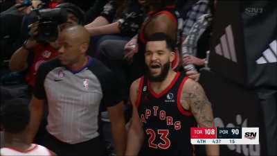 [Highlight] Fred VanVleet obliterates Jerami Grant's shot attempt into the stands (home feed and replays)