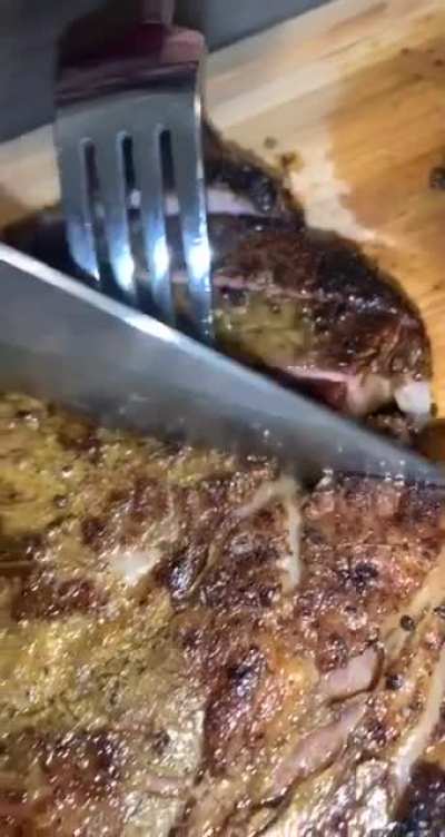 Please excuse the amateur cut. Here&rsquo;s my go at some ribeye with a homemade middle eastern rub at 134.5 for 2.5 hours then seared on a cast iron skillet. Served with some zaatar fries, pita bread, salad and jalape&ntilde;o tahini. I was not disappointed.
