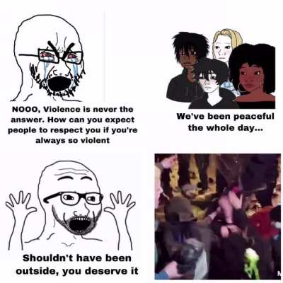 "Violence is bad. Yes officer, blade em with your shield"