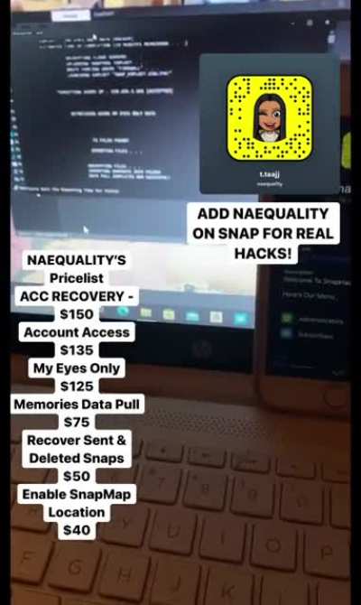 Add "NAEQUALITY" on Snapchat to order LEGIT hacks from stuff like accessing accounts, restoring deleted/banned accounts, pulling my eyes only or memories media &amp;amp; more with ACTUAL VIDEO Proof! Group Link In Comments Below