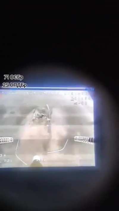 Ukrainian FPV drone targets and hits a BMP filled with Russian soldiers on top (Tonenke area, April 2024)