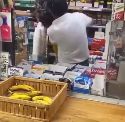 Shop owner and his son beat the daylights out of an woman after she attacked them.