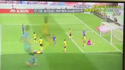 A Japanese soccer player nutmegged(ball passing between the legs) four players to score a goal.