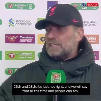 [Sky Sports] "It's absolutely impossible, and a joke they still do it!" Liverpool manager Jurgen Klopp calls for an end to the 'impossible Christmas fixture calendar as he feels it's 'really dangerous' for Premier League players.