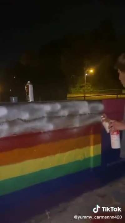 Homophobic Karen defaces pride flag with spray paint, says she has the right because she works and pays taxes.