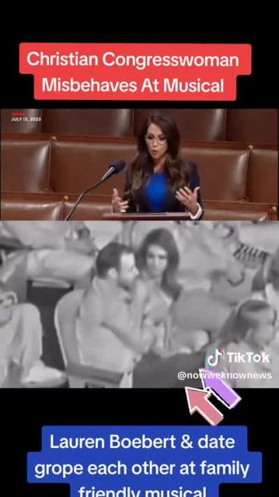 Rep. Lauren Boebert can be seen here at all-ages Beetlejuice musical rubbing a man&rsquo;s crotch while he groped Lauren Boebert&rsquo;s breast. She was doing it in the theatre with kids all around. This is so sickening and very disgusting.