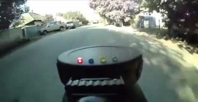 This dude has ultrasonic dog repellent on his bike..