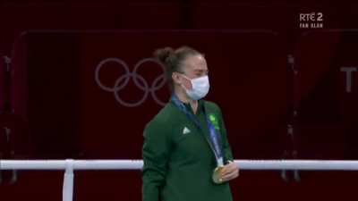 'You could not have a better ambassador for Ireland': Kellie Harrington in tears as tricolour is raised and Amhr&aacute;n na bhFiann plays during medal ceremony at Kokugikan Arena